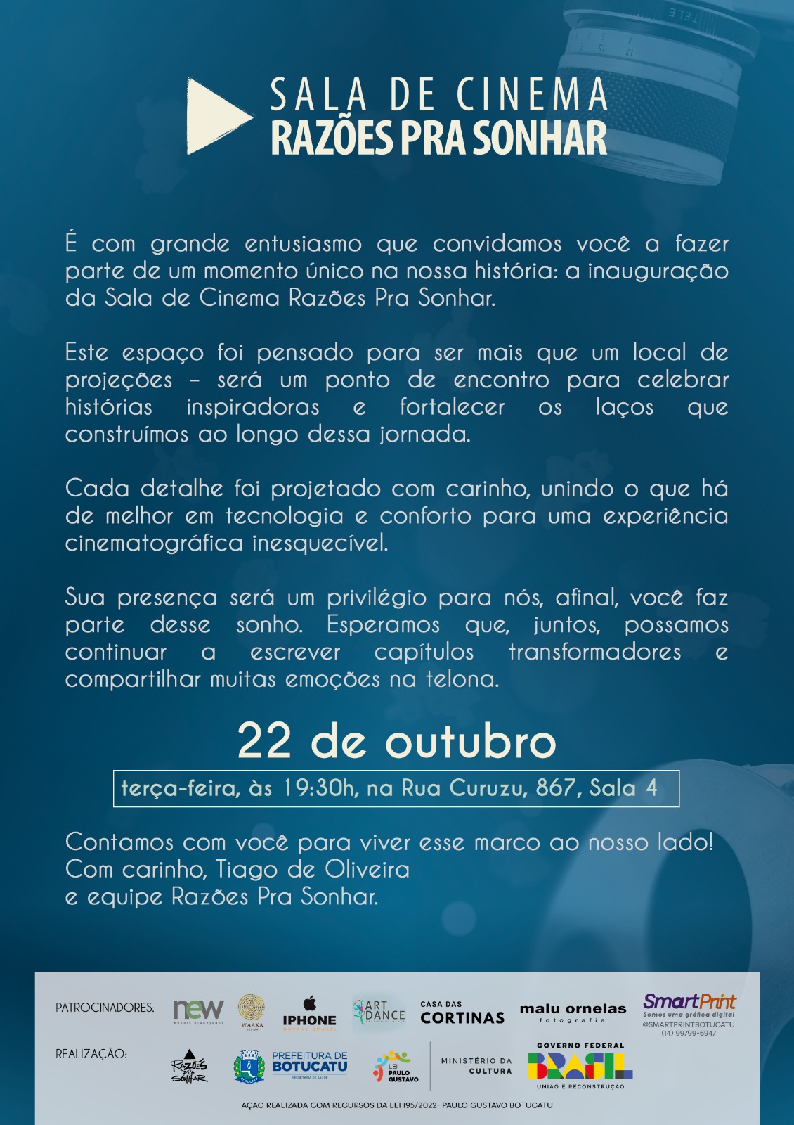 Secretaria de Cultura convida para Inauguração da Sala de Cinema Razões Pra Sonhar